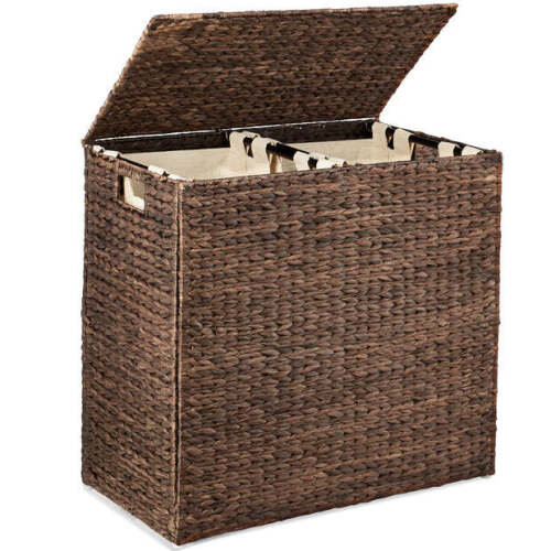 Large Water Hyacinth Double Laundry Hamper Basket w/ 2 Liner Bags - Lot 4730