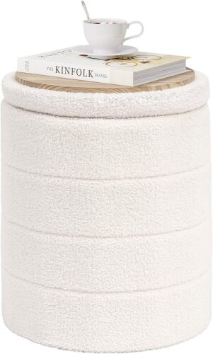 Round Storage Ottoman Foot Rest Stool with Tray Velvet Sherpa Folding Storage Ottoman,Boucle Foot Rest for Living Room, Bedroom, Dorm - Lot 10019