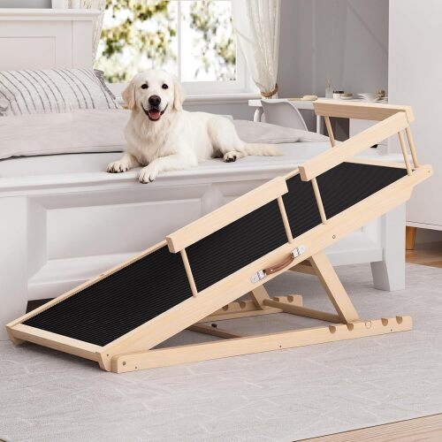 Dog Ramp for High Bed, Couch, Car, Pet Ramps 55.12" Long Adjustable 19.7"-27.6" Wooden Dog Step with High Traction Mat & Safety Side Rails for Small Medium Large Older Pets, up to 250 lbs - Lot 10032