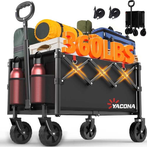Yacona Wagon Cart Foldable, Portable Utility Shopping Cart with Wheels, Heavy Duty Grocery Cart for Beach, Outdoor Camping, Garden, Sports, Black - Lot 10048