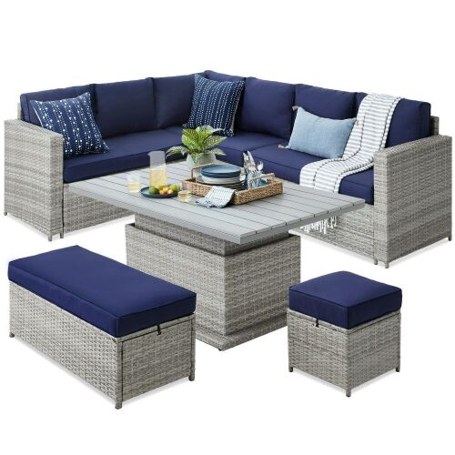 6-Piece Wicker Outdoor Patio Conversation Furniture Set w/ Height-Adjustable Dining Table - NO Table Top - Lot 7