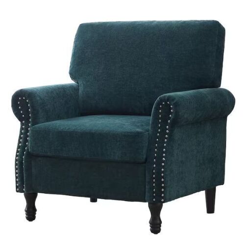 Dark Teal Chenille Upholstered Wood Frame Accent Chair Armchair with Turned Legs and Tufted Rolled Armrests - Lot 82JF