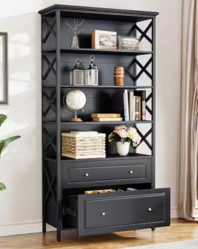 Eulas 71.65 in. Tall Black Engineered Wood 5-Shelf Etagere Bookcase - Lot 87JF