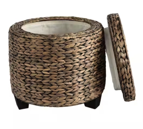 happimess Addie 17.72 in. Modern Coastal Handwoven Water Hyacinth Storage Ottoman with Lid, Brown Wash - Lot 123JF