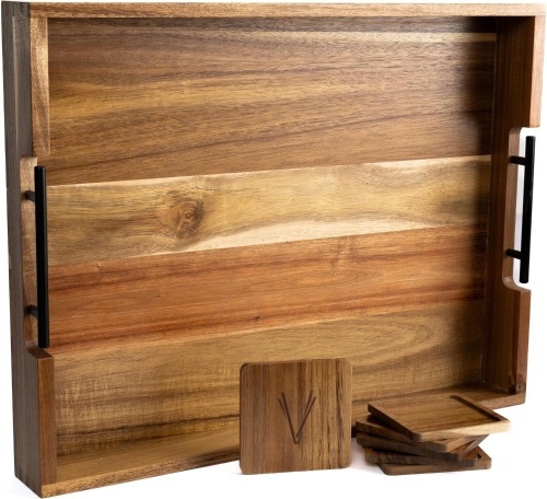 21" Acacia Wooden Ottoman Tray with 6 Coasters - Lot 668