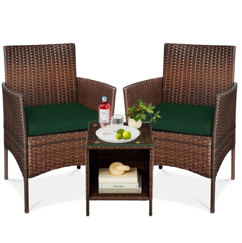 3-Piece Outdoor Patio Wicker Bistro Set w/ Side Storage Table - Lot 80