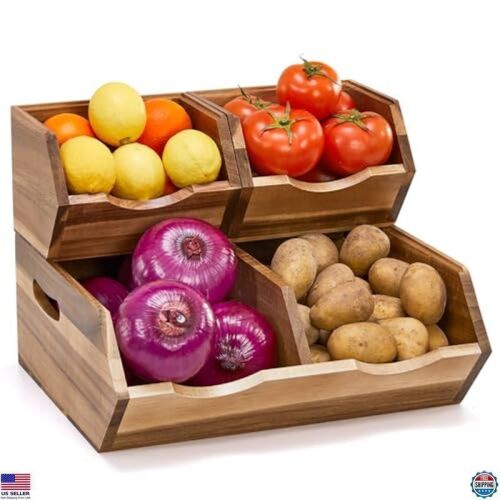 Stackable Acacia Wood Storage Bins - Lot 653