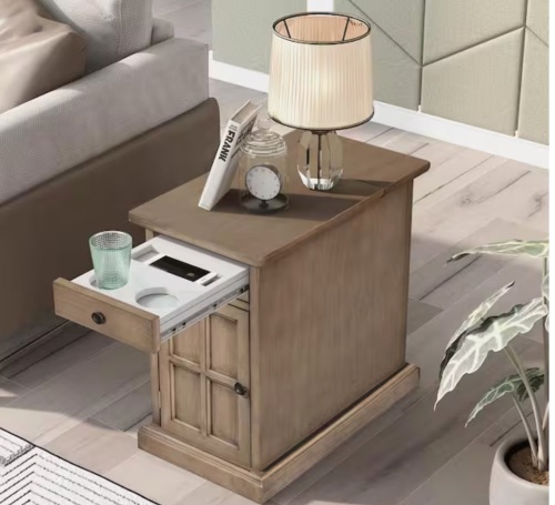 Harper & Bright Designs 14 in. Antique Brown Rectangle Solid Wood End Table Side Table with USB Ports, Drawer, Cup Holders, No Assembly Need - Lot 27JF