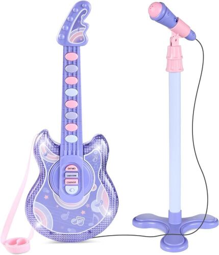 19in Kids Toy Guitar, Pretend Play Musical Instrument Toy for Toddlers w/Mic, Stand, 8 Demo Songs, Lights & Sounds - Lot 313