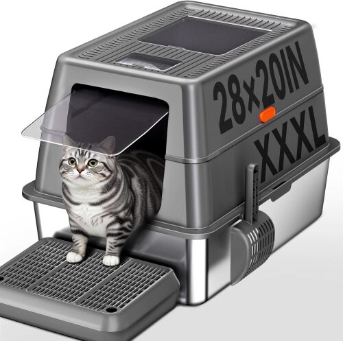 XXL Stainless Steel Litter Box with Lid,28" L*20" W*18" H Extra Large Metal Cat Litter Boxs, Jumbo Enclosed Litter Box for Big Cats and Multi-Cat Households,Non-Sticky, Anti-Leakage, Easy to Clean - Lot 17