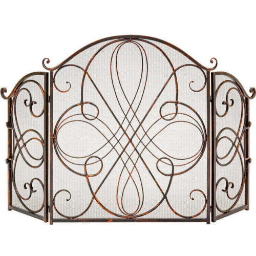 3-Panel Wrought Iron Metal Fireplace Screen Cover w/ Scroll Design - 55x33in - Lot 4699