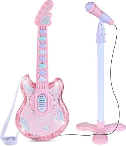 Kids Toy Guitar, Pretend Play Musical Instrument Toy for Toddlers w/Mic, Stand, 8 Demo Songs, Lights & Sounds - Lot 10006