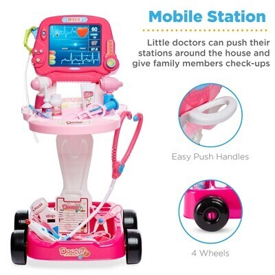 Play Doctor Kit For Kids, Pretend Medical Station Set With Carrying Case, Mobile Cart - Pink - Lot 4546