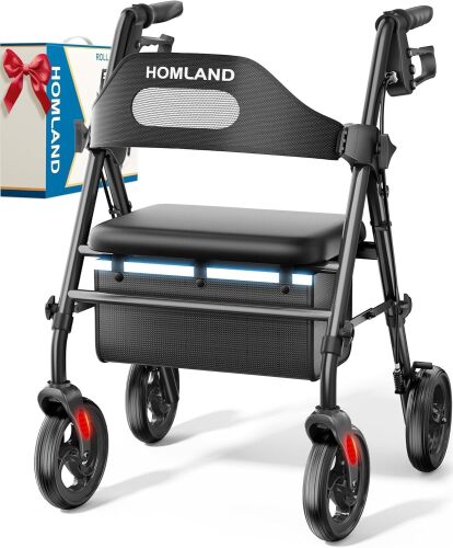 HOMLAND Foldable Rollator Walkers with Seat for Seniors, 8'' Big Wheels, 350 lb. Weight Capacity, Adjustable Handles and Seat Height, Lightweight Rolling Walker, Black - Lot 4721