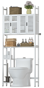 Over The Toilet Storage Cabinet with Paper Holder Stand,Bamboo Bathroom Organizer Shelf with Four Door and Waterproof Feet Pad,Space Saver Rack with Anti-Tip Design white - Lot 4727