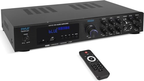 Pyle Bluetooth 5.1 Amplifier - Home Audio / Theater / Karaoke Receiver with 5 Channels and Subwoofer Out - 2 Mic Inputs w/ Echo, USB-A / SD Reader with MP3 Player, RCA In - Lot 4805