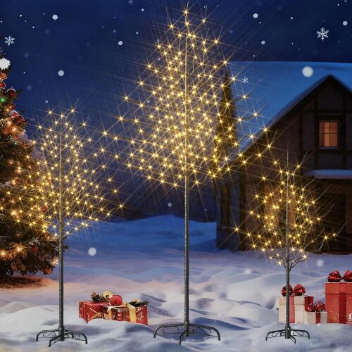 Outdoor Christmas Decorations Lighted Tree Set of 3, Light Christmas Tree Including 4 feet, 6 feet, and 8 feet, Christmas Tree Decorations with Warm White LED, Black Metal Branch for Holiday - Lot 4722