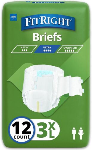 FitRight Bariatric Adult Diapers, Ultra Heavy Absorbency, 3XL (Waist Size 65in-84in), 12 Count, Disposable Incontinence Briefs for Men and Women, Moisture-Wicking, Leak Protection - Lot 4840