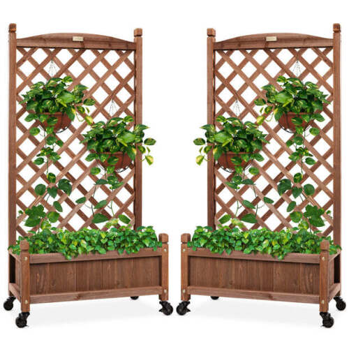 Set of 2 Wood Planter Box & Lattice Trellis w/ Optional Wheels - 48in - Lot 4907