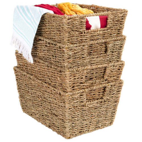 Set of 4 Seagrass Storage Tote Baskets, Laundry Organizer w/ Insert Handles - Lot 5063