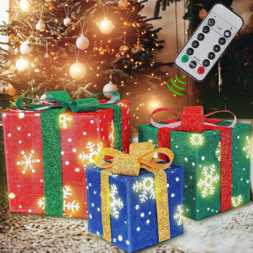 Christmas LED Lighted Gift Boxes Set of 3, Waterproof Outdoor Present Decorations for Yard and Porch, Battery Operated Light Up Boxes for Holiday Party and Christmas Home Decoration - Lot 5061