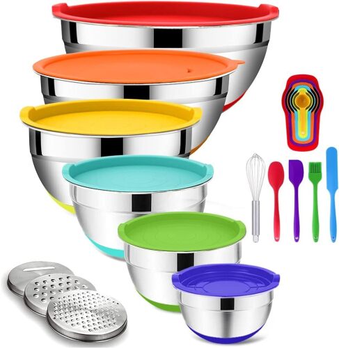 Rottay Mixing Bowls with Airtight Lids, 20PCS Stainless Steel Mixing Bowl Set, Nesting Bowls with 3 Grater Attachments & Non-Slip Bottoms, Size7, 4, 3, 2, 1.5, 1QT Bowls for Baking&Prepping - Lot 4965