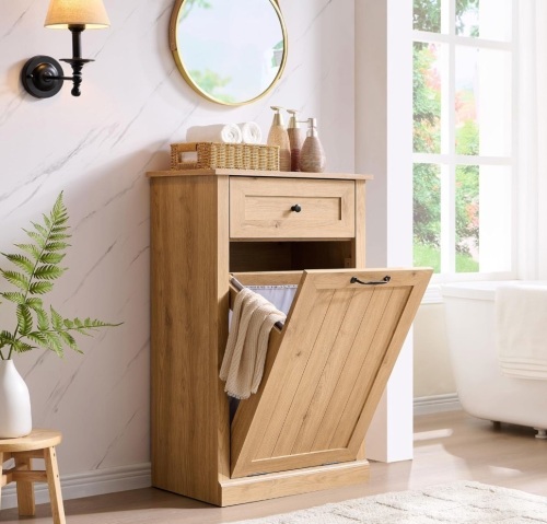 Tilt Out Laundry Hamper Cabinet, 10 Gallon Farmhouse Trash Can Cabinet with Drawer - Lot 343