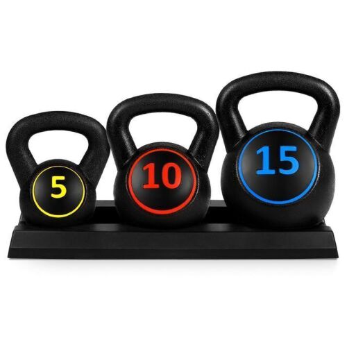 3-Piece Kettlebell Exercise Fitness Weight Set w/ Storage Rack - Lot 493