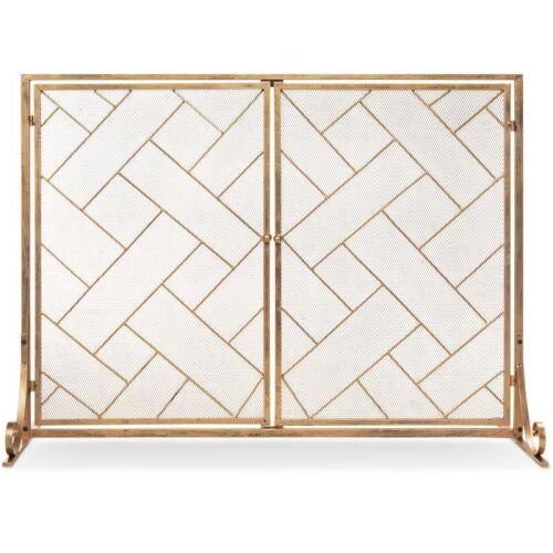 2-Panel Wrought Iron Geometric Fireplace Screen w/ Magnetic Doors - 44x33in - Lot 319