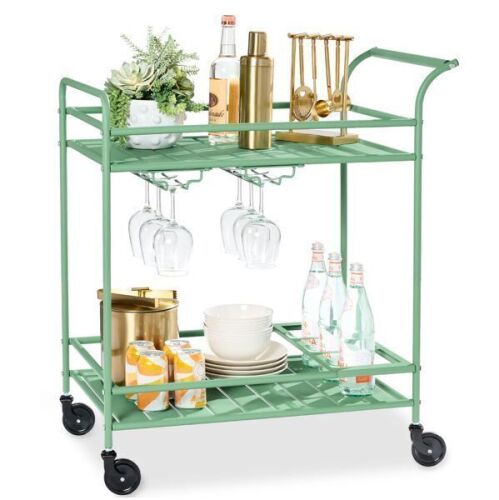 2-Tier Rolling Bar Cart Indoor/Outdoor w/ Shelves, Wine Rack, Locking Wheels - Lot 427