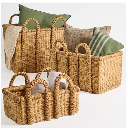 3Pc Shelf Baskets, Small, Large & XL Chunky Woven Baskets w/ Braided Handles - Lot 209