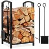 5-Piece Firewood Log Rack Holder Tools Set w/ Hook, Broom, Shovel, Tongs - Thumbnail 1