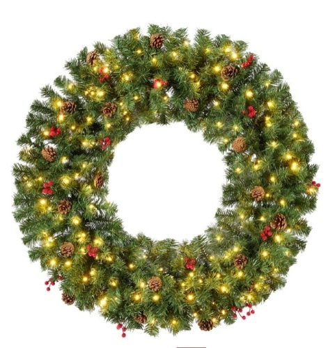 48 inch Pre-Lit Artificial Christmas Wreath w/Berries & Pinecones, Lights - Lot 439
