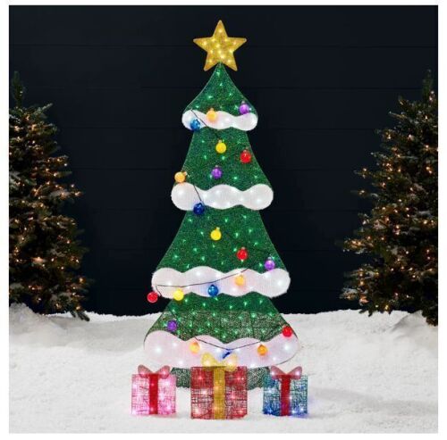 6ft Lighted 2D Christmas Tree Outdoor Decor w/ 170 LED Lights, 3 Gift Boxes - Lot 851
