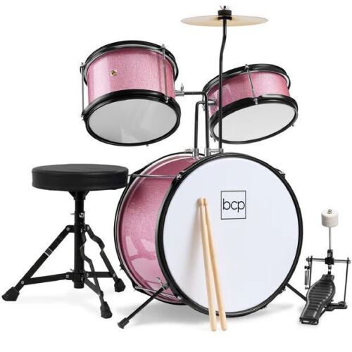 Kids Beginner 3-Piece Drum, Musical Instrument Set w/ Sticks, Stool, Pedal - Lot 907