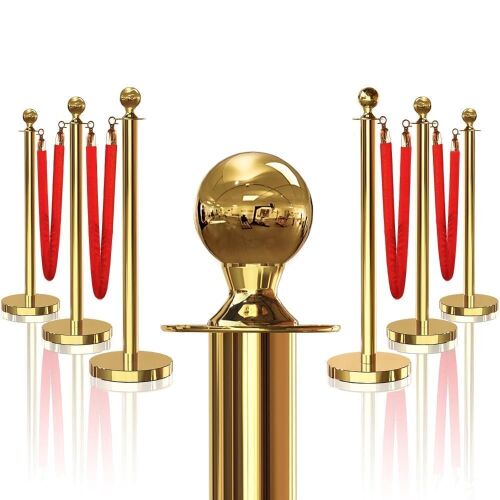 6PCS Gold Stanchions Posts with 4PCS 5 ft Red Velvet Rope - Lot 559