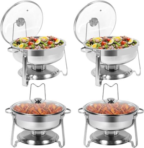 4 QT Stainless Steel Round Chafing Dishes with Glass Lid & Lid Holder, 4 Pack - Lot 345