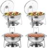 4 QT Stainless Steel Round Chafing Dishes with Glass Lid & Lid Holder, 4 Pack - Thumbnail 1
