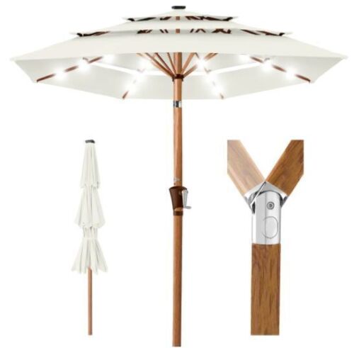 3-Tier Woodgrain Pattern Solar Patio Umbrella, Tilt Adjustment - 10ft - Lot 590