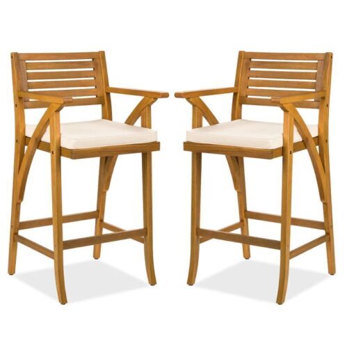 Set of 2 Outdoor Acacia Wood Bar Stools Chairs w/ Weather-Resistant Cushions - Lot 147