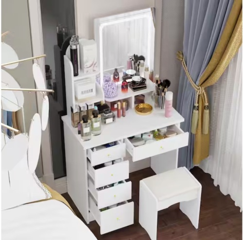 Fufu & Gaga 5-Drawers White Makeup Vanity Sets Dressing Table Sets With Stool, Mirror, LED Light and 3-Tier Storage Shelves - Lot 54JF