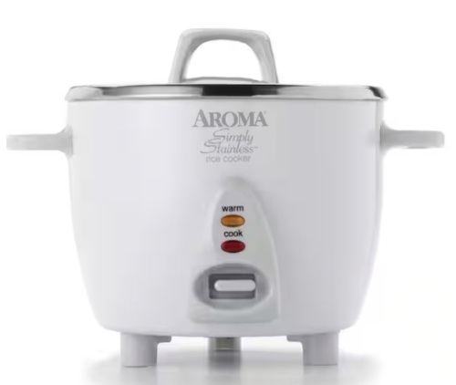 Aroma Simply 6-Cup Stainless Steel White Rice Cooker with Measuring Cup and Serving Spatula - Lot 959JF