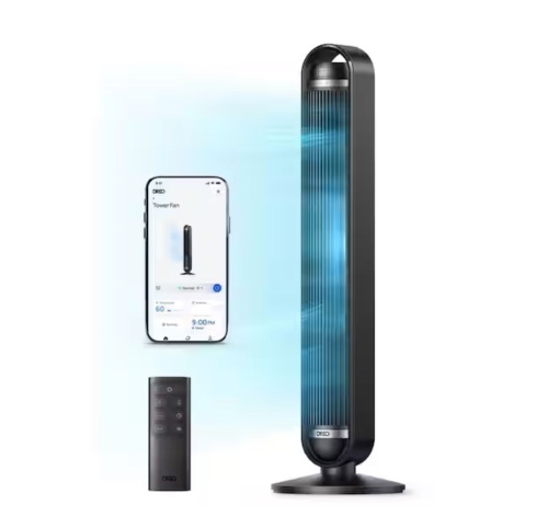Dreo 42 in. Smart Tower Fan, 9-Speeds, 12 H Timer, 90° Oscillation with Remote, DC Motor, Wi-Fi Voice Control in Black - Lot 910JF