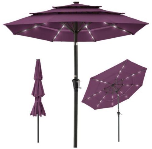 3-Tier Solar Patio Umbrella w/ LED Lights, Tilt Adjustment, Crank - 10ft - Lot 396