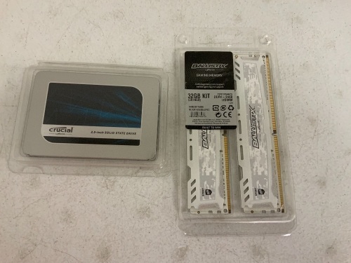 Crucial 1000gb SSD and 2 Ballistix 32gb Gaming Memory Kit, Appears New, Sold as is - Lot 367