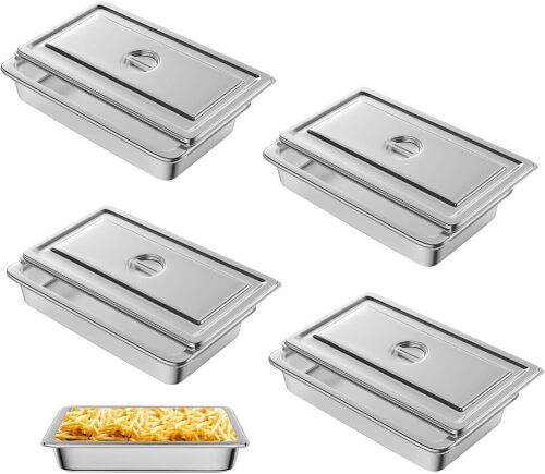 Hotel Pan, Full Size Steam Table Pan 4" Deep Stainless Steam Table Pan with Lid Full Size Food Pan 20.8" L x 13" W Anti Jam Stainless Steel Buffet Pan Commercial Stainless Steel Pan (4 Pack) - Lot 5081