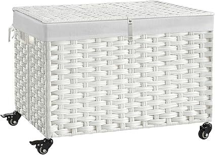 Rolling Storage Basket with Lid, 47.6 Gallon (180L) Storage Bin with Wheels, Woven Rattan Blanket Storage Basket with Handles, Foldable, Metal Frame, Removable Liner for Bedroom, Laundry Room, White - Lot 5102