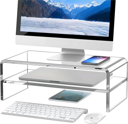Clear Acrylic Monitor Stand Riser 2 Tier, 5.12 Inches High Clear Computer Desk Organizer Shelf for Multi Media PC Storage Laptop - Lot 10026