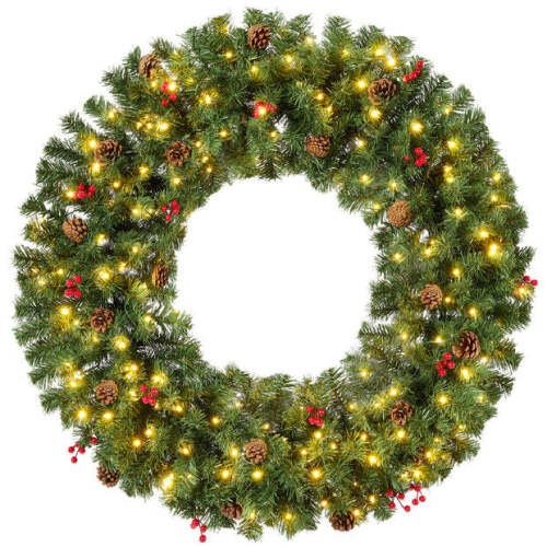 Pre-Lit Artificial Christmas Wreath w/Berries & Pinecones, Lights - Lot 10042