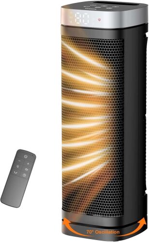 Space Heater, WINHL 17 Inches Electric Heaters for Indoor Use with Thermostat and Remote, 70°Oscillation, 12H Timer, 5 Modes, 1500W PTC Ceramic Fast Safety Heat for Office Bedroom Home - Lot 5219